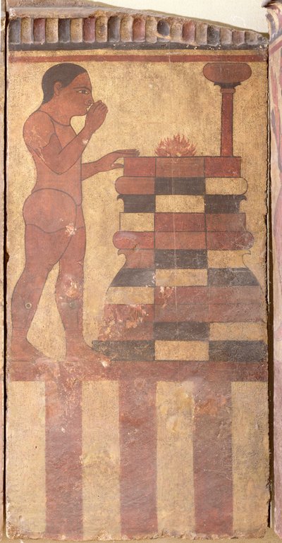 De Campana Plaque, detail van een naakte priester voor een altaar, uit Cerveteri door Etruscan